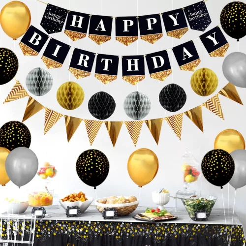 Vista 3 de Decoraciones de fiesta negras y doradas: pancarta de feliz cumpleaños, globos, mantel, cortinas, bolas de panal