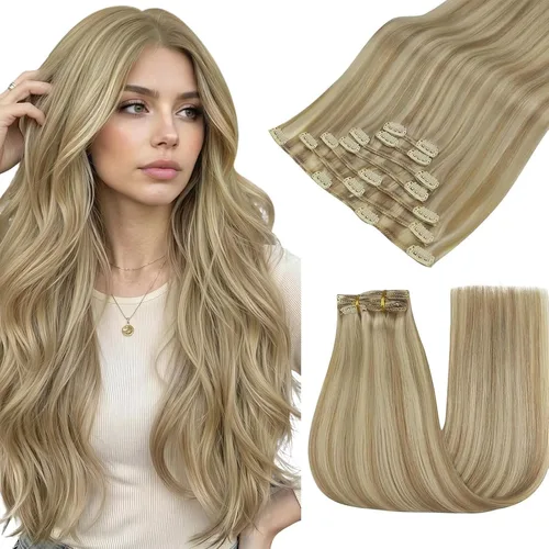 Vista 21 de Easyouth Extensiones de cabello rubio con clip, extensiones de cabello humano con clip, color rubio blanco, 7 unidades de 3.33 oz, extensiones