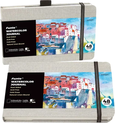 Vista 7 de Funto Diario de Acuarela, Cuadrado, 5.5x5.5, Portátil Paquete de 2, 48 Páginas Cada Uno, Cubierta Azul, 110lb/230gsm, Suministros de Arte