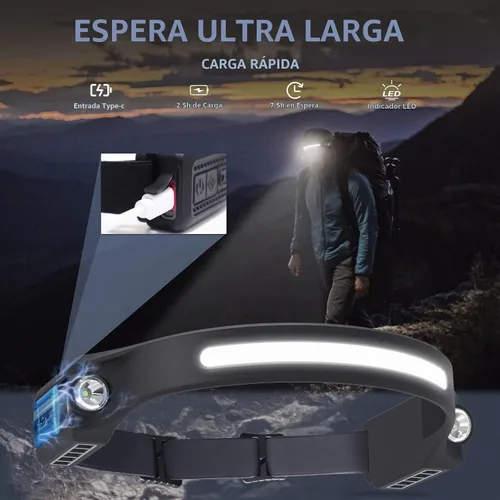 Vista 4 de AlpsWolf Faro LED recargable, 2 XPE LED y COB LED faro de cabeza, modo sensor, haz ancho de 260°, impermeable IPX4, linterna recargable