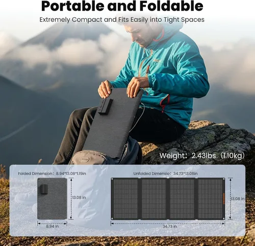 Vista 2 de Paneles solares portátiles de 50 W, cargador de panel solar plegable IP68 impermeable con puertos USB-A y USB-C, salida de 18 V CC para pequeña
