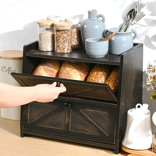 Vista 2 de Caja de Pan Vintage de Doble Capa para Encimera de Cocina, Contenedor de Almacenamiento de Pan de Bambú, Caja de Pan para Pan Casero, Caja de Pan