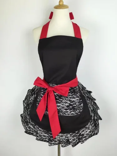 Vista 3 de Hyzrz Bonito delantal de encaje coqueto con bolsillo, divertido delantal retro sexy de cocina para mujeres y niñas (negro)