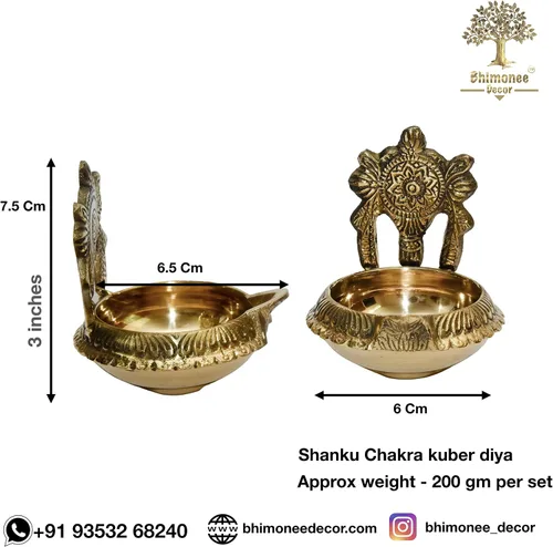 Vista 2 de Bhimonee Decor Latón puro Shanku Chakra kuber Diya, 3 pulgadas, color latón, paquete de 1 par