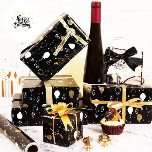 Vista 3 de Rollo de papel de regalo de cumpleaños, papel de regalo negro mate y dorado para mujeres, hombres, niños y niñas, diseño de globo de lámina dorada
