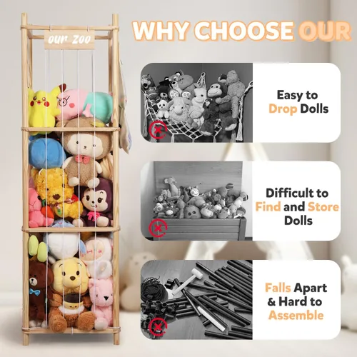 Vista 5 de Organizador de almacenamiento de animales de peluche, soporte grande de madera para juguetes de zoológico con bolsillos, peluches, almacenamiento
