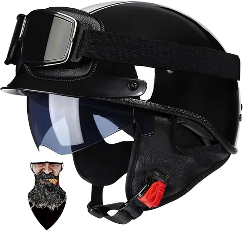 Vista 14 de Casco Moto Retro Vintage Jet Medio para Hombre y Mujer Adultos, DOT Homologado, Ventilación Dual, Visera Retráctil y Desmontable, Apto para Patinete