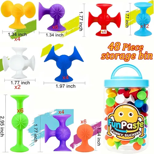 Vista 3 de Juego de construcción de 48 piezas de juguetes de ventosa, bloques de construcción de silicona, divertidos juguetes de baño para niños, artículos