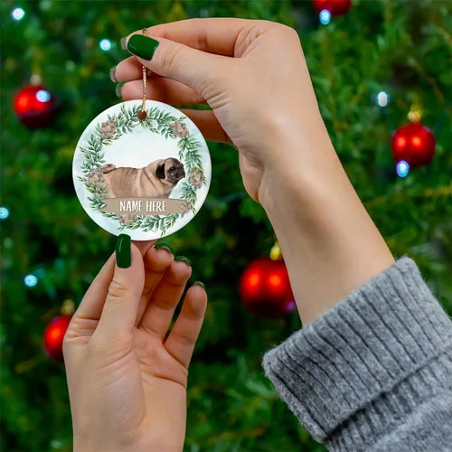 Vista 3 de Personalized Pug Standing Fawn Christmas Ornament - Custom Name Circle Ceramic Keepsake Gift for Dog Lovers