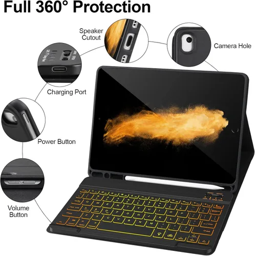 Vista 5 de AHYWTAN Funda de teclado para iPad 9/8/7ª generación 10.2, teclado Bluetooth con retroiluminación de 7 colores, funda para iPad de 10.2 pulgadas