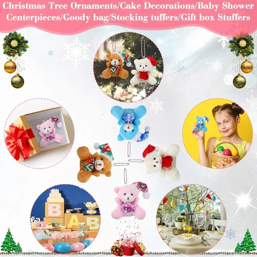 Vista 7 de 12 piezas de mini oso de Navidad de 3.15 pulgadas, oso de peluche suave, juguete de animal de peluche, adorno lindo para árbol de Navidad, llavero