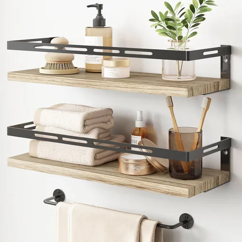 Vista 10 de YGEOMER - Estantes flotantes para organizador de baño sobre inodoro, estantes de baño montados en la pared con toallero, estante de pared