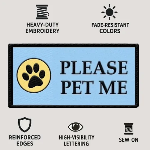 Vista 2 de Please PET ME - Parche cosido para perro de servicio o chaleco de terapia para perros – Parche de identificación bordado de alta visibilidad – 4 x 2