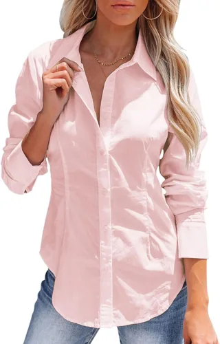 Vista 6 de Camisas con botones para mujer, camisas de vestir de manga larga, sin arrugas, cuello para el trabajo, oficina, blusas sólidas, blusas ajustadas