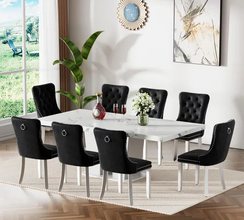Vista 9 de Juego de mesa de comedor extensible de 63 a 79 pulgadas para 4, moderna mesa de cocina expandible con 4 sillas de terciopelo, mesa de madera gruesa