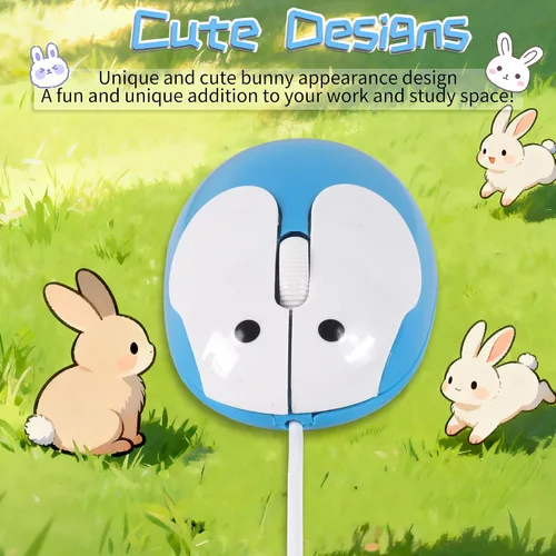 Vista 2 de Ratón con cable USB con cable USB con forma de conejo de dibujos animados con cable de 4.59 pies, 3 botones, portátil, pequeño, kawaii, conejito
