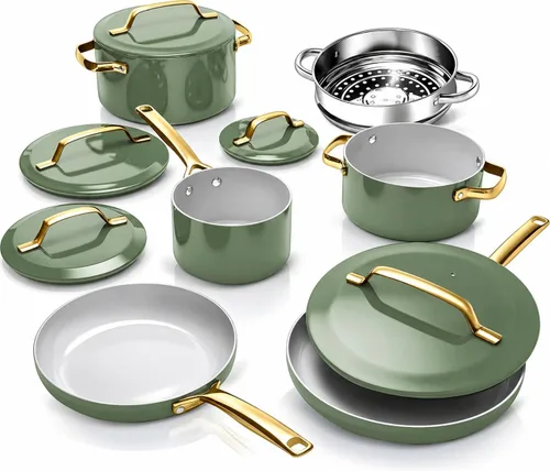 Vista 8 de Gotham Steel Moderno juego de utensilios de cocina de cerámica de 11 piezas, elegante juego de ollas y sartenes antiadherentes con vaporera, parte
