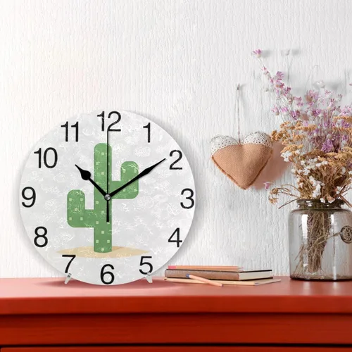 Vista 2 de senya Reloj de pared redondo de cactus del desierto, pintura al óleo silenciosa sin tictac, decorativo para el hogar, oficina, escuela, arte