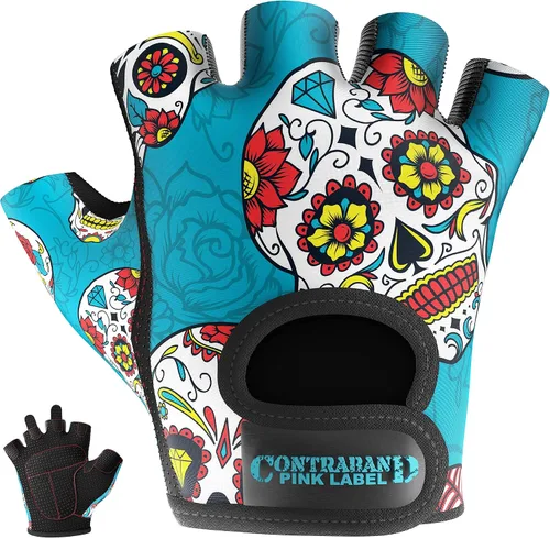 Vista 11 de Contraband Pink Label 5237 – Guantes de levantamiento de pesas con calavera, para mujer, Serie Design (1 par), Gris, M
