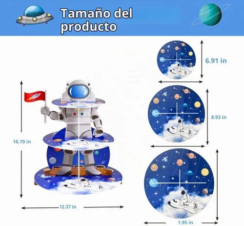 Vista 3 de Soporte de astronauta espacial para cupcakes, decoración de fiesta de cumpleaños con temática espacial, 3 niveles, soporte de cartón para cupcakes
