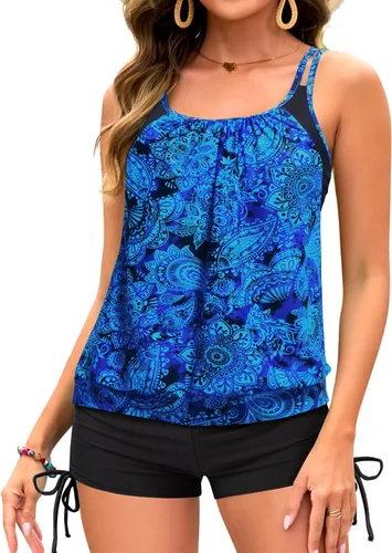 Vista 24 de Holipick Trajes de baño tankini de dos piezas con control abdominal, top de baño tipo blusa con shorts estilo boy shorts Verde Aqua