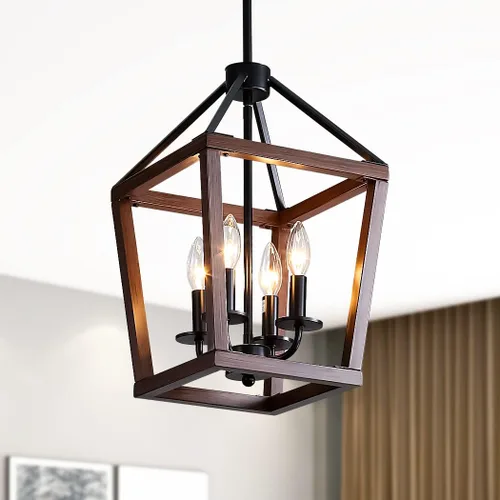 Vista 20 de Lámpara de Araña Estilo Granja, Lámpara Colgante Moderna, Luminaria de Techo Rústica de 4 Luces, Lámpara de Araña Vintage para Pasillo Vestíbulo