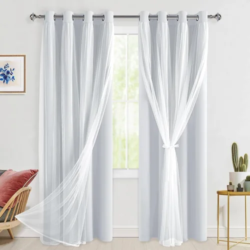 Vista 59 de Hiasan Cortinas opacas con superposición transparente, aislamiento térmico para mezclar y combinar de doble capa, cortinas de oscurecimiento de Beige