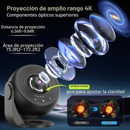 Vista 4 de Proyector de galaxia para dormitorio, proyector de estrellas de imagen HD, perilla ajustable de luz de galaxia, 13 discos de película, proyector