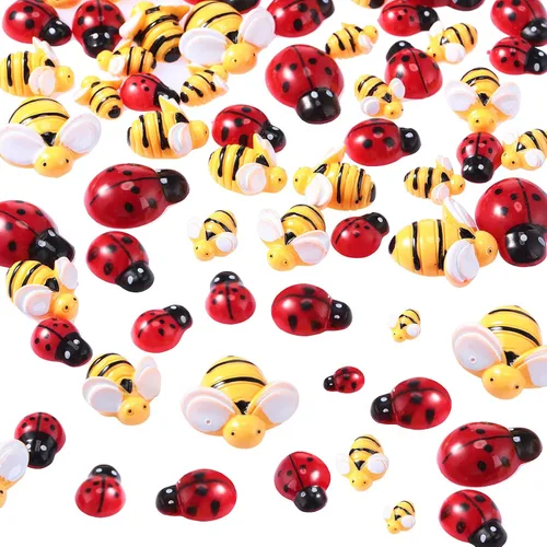 Vista 4 de Jetec - 50 mini abejas de resina, incluye 25 pequeñas abejas de resina y 25 mariquitas pequeñas para manualidades, corona, álbumes de recortes