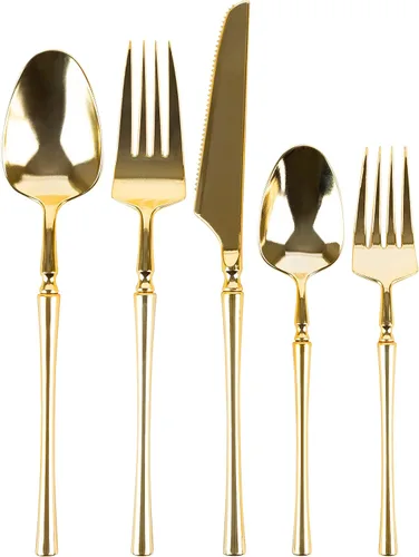 Vista 3 de PlasticPro 20 unidades de tenedores de cena de plástico dorado de calidad premium resistentes desechables elegantes cubiertos de cena para fiesta