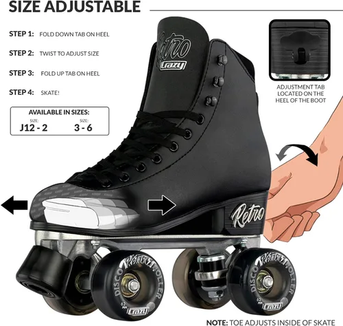 Vista 3 de Crazy Skates Retro Roller Skates Adjustable or Fixed Sizes Classic Quad Skates for Men, Women and Girls Negro (ajustable)
