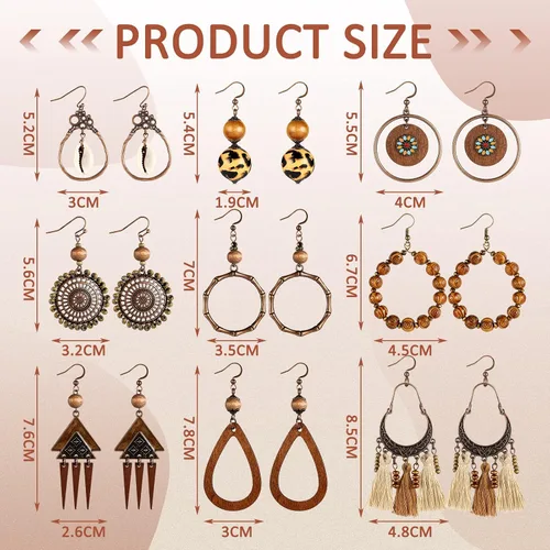 Vista 3 de 9 pares de aretes bohemios de madera para mujer, con borlas, estilo nacional, estilo hippie, vintage, gota para la oreja