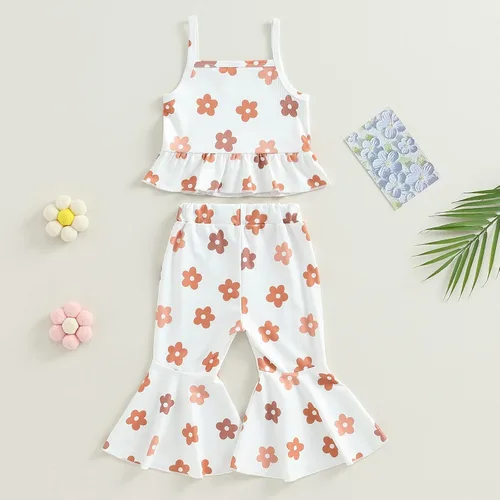 Vista 16 de Ropa de verano para bebé niña, sin mangas, estampado floral, correa acanalada, parte superior acampanada, pantalones de 2 piezas