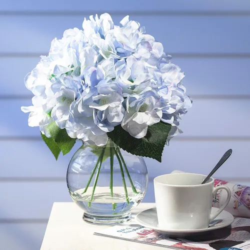 Vista 2 de Arreglo de flores de hortensias de seda artificial mixta en jarrón de vidrio transparente para decoración de boda del hogar (azul)