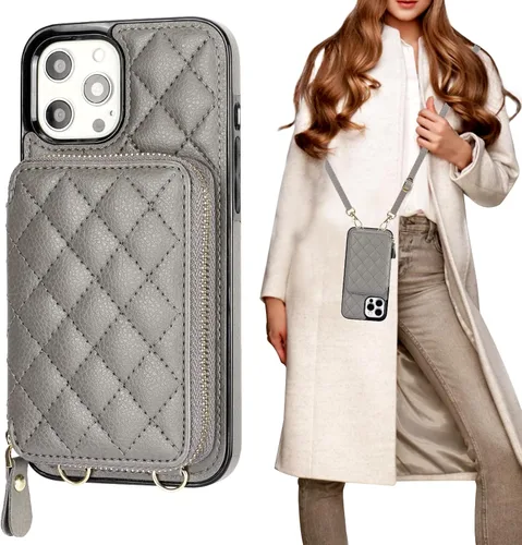 Vista 9 de Bocasal Funda tipo cartera cruzada para iPhone 12 Pro Max, con bloqueo RFID, de piel sintética, con cremallera, funda tipo cartera con función atril