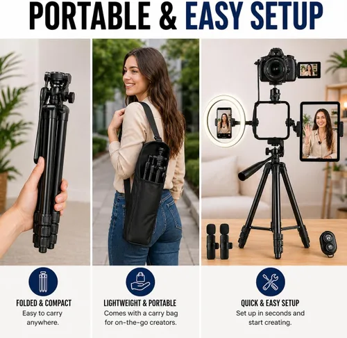 Vista 7 de Acuvar Kit de vlogging con trípode de luz de anillo – Kit de creación de contenido para iPhone, Android y tabletas, micrófono, control remoto