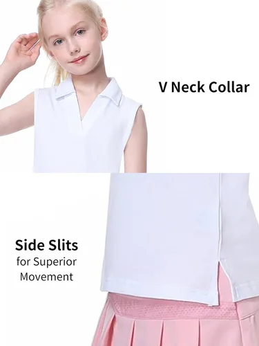Vista 3 de EXARUS Camisetas polo de golf para niñas, sin mangas, cuello en V, tenis, atléticas, para ejercicio escolar de 5 a 12 años