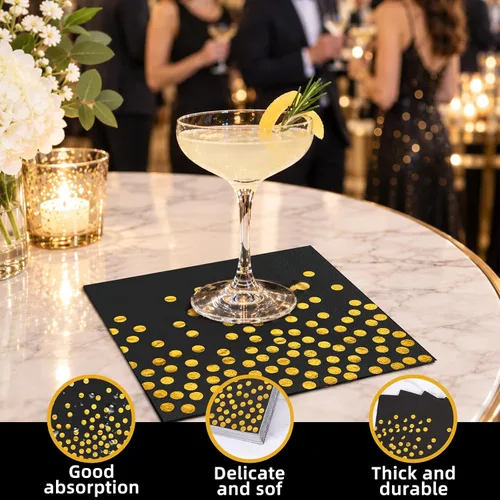 Vista 4 de 100 servilletas de cóctel desechables negras – Servilletas de papel negro y dorado para cumpleaños, boda, aniversario, Año Nuevo, fiesta