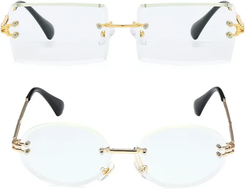 Vista 2 de LASPOR Gafas de sol ovaladas retro para mujeres y hombres, a la moda, vintage, de metal dorado, sin marco, lentes tintados, protección UV400