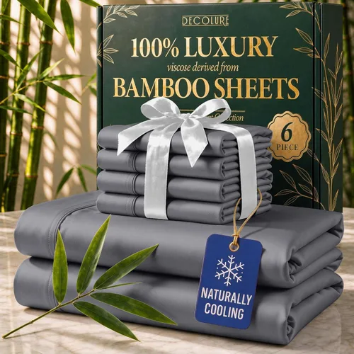 Vista 23 de DECOLURE Sábanas de Viscosa 100% Derivada de Bambú Tamaño Full - Juego de Sábanas de Lujo de 6 Piezas Naturalmente Refrescantes, Ultra Suaves Negro