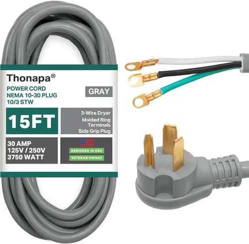 Vista 8 de Thonapa Cable de secadora de 3 clavijas de 4 pies, cable de extensión para electrodomésticos de 30 amperios de 3 clavijas de 4 pies, enchufe NEMA