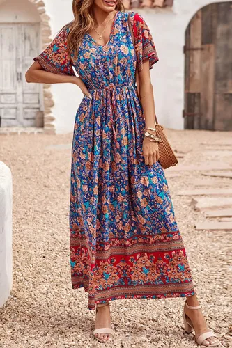 Vista 7 de PRETTYGARDEN - Vestido casual de playa y de verano para mujer, de estilo bohemio, manga corta, cuello en V y con estampado floral, vestidos largos