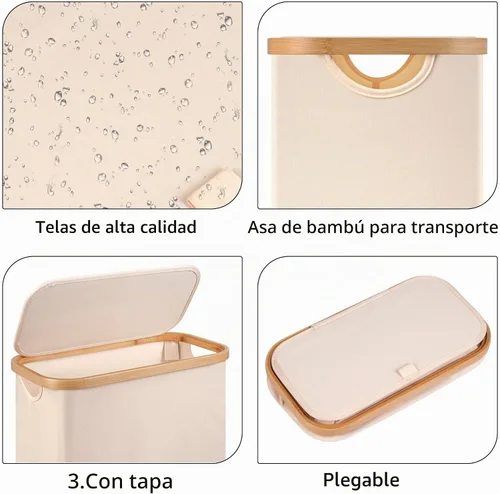 Vista 2 de Cesta de lavandería delgada con ruedas, cestas estrechas para lavandería, cesta de lavandería independiente con tapa y asas de bambú, cesta de tela