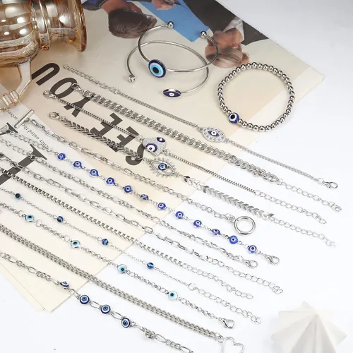 Vista 2 de ORAZIO Juego de 16 pulseras de protección contra el mal de ojo, pulseras estéticas de cadena apilables, pulseras mexicanas, joyas de oro contra