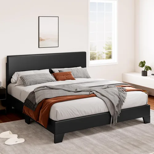 Vista 3 de SHA CERLIN Base de cama tapizada de plataforma negra tamaño Queen con cabecera ajustable de 3 niveles de altura, soporte de listones de madera,
