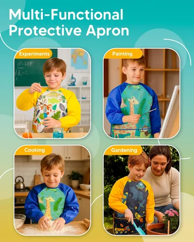 Vista 5 de Oiomniv Delantal de Arte para Niños – Delantal de Pintura de Manga Larga Impermeable con 3 Bolsillos, Delantal Lavable para Niños Pequeños y Niños