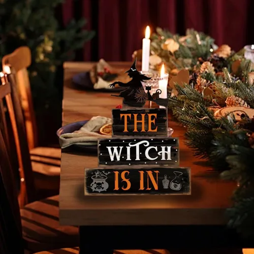 Vista 5 de Decoración de Halloween para interiores - Señales de bruja de madera rústica, decoraciones del hogar para cocina de granja, estante, sala de estar