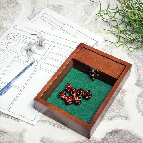 Vista 8 de Bandeja rodante de madera para dados D&D con bóveda de almacenamiento de dados Pestillo de metal asegura la tapa para viajes Regalo perfecto