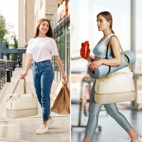 Vista 7 de Bolsa de lona de gimnasio para mujer, Caqui, Bolsa de viaje para gimnasio