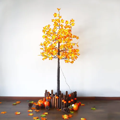 Vista 2 de Árbol de arce artificial solar de 6 pies con 120 luces LED blancas cálidas preiluminadas, decoración de árbol de otoño con modos de iluminación